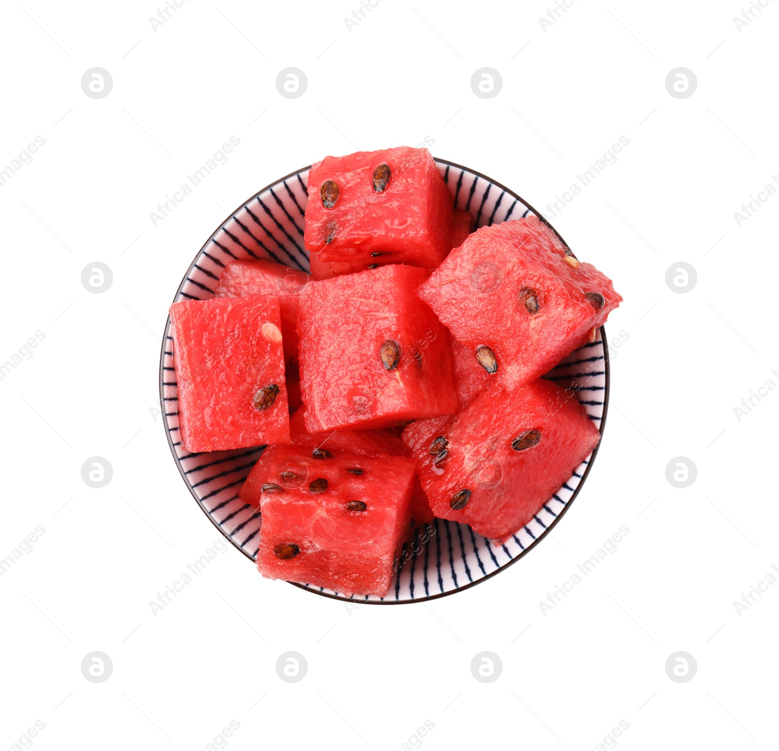 Photo of Pieces of tasty watermelon in bowl isolated on white, top view