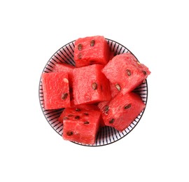 Photo of Pieces of tasty watermelon in bowl isolated on white, top view