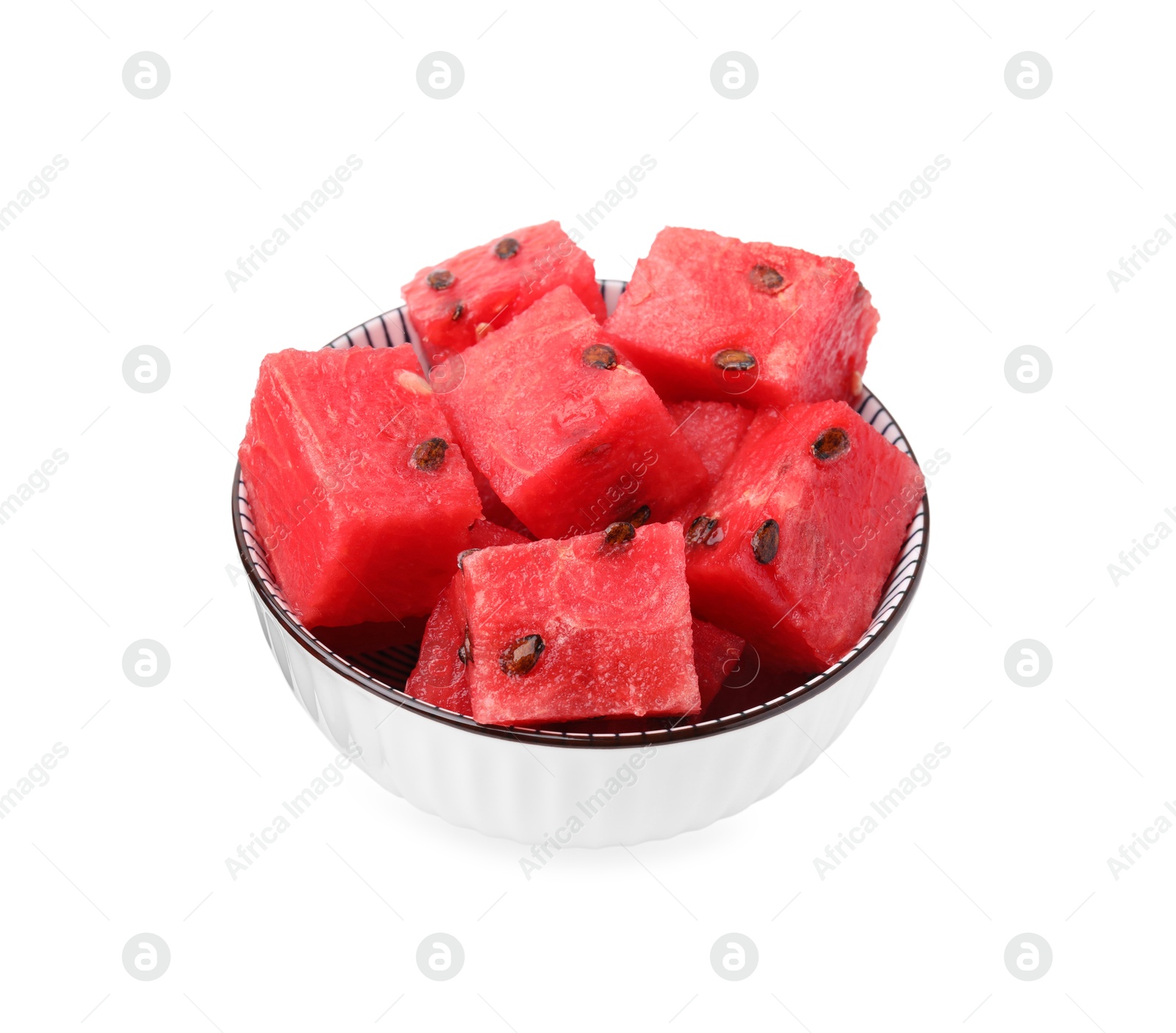 Photo of Pieces of tasty watermelon in bowl isolated on white