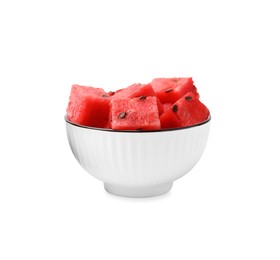 Photo of Pieces of tasty watermelon in bowl isolated on white