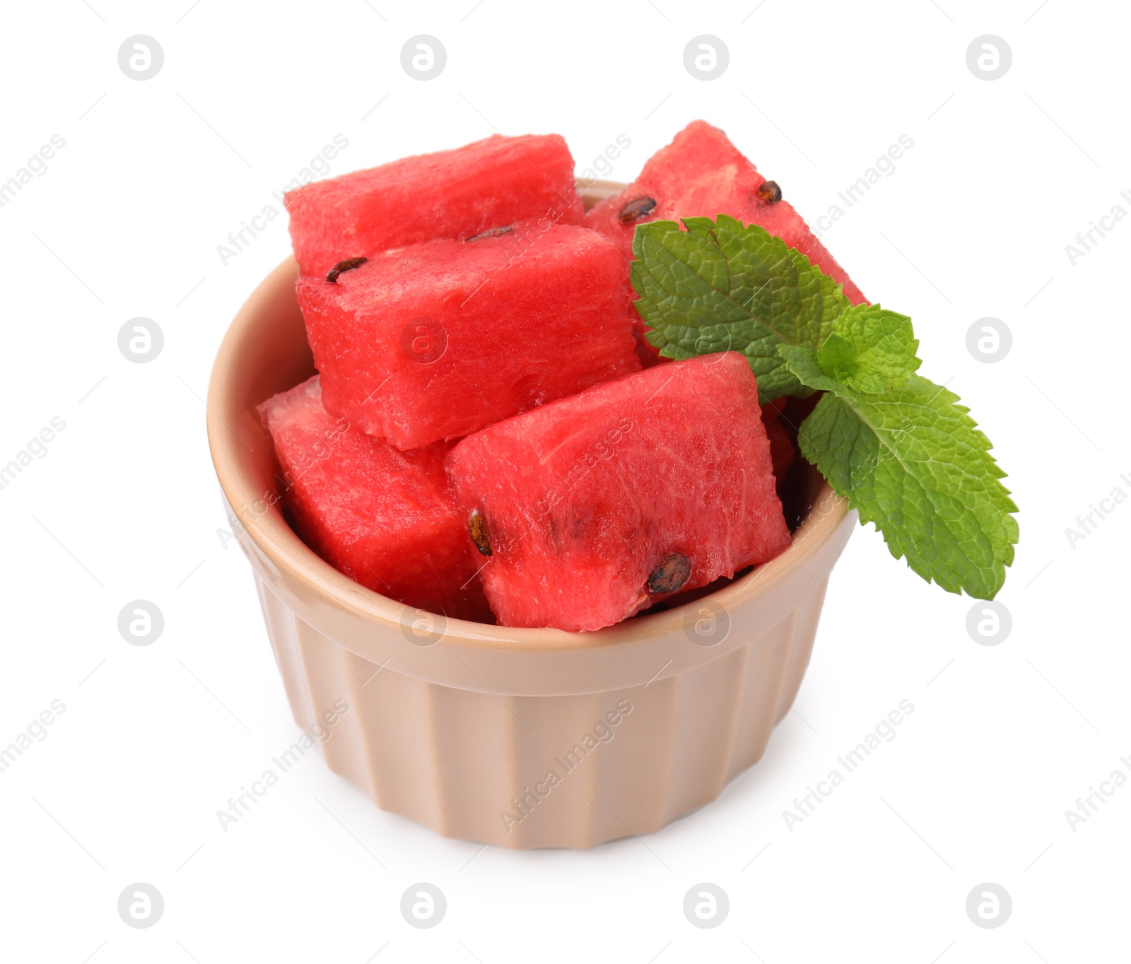 Photo of Pieces of tasty watermelon and mint in bowl isolated on white