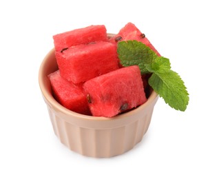 Photo of Pieces of tasty watermelon and mint in bowl isolated on white