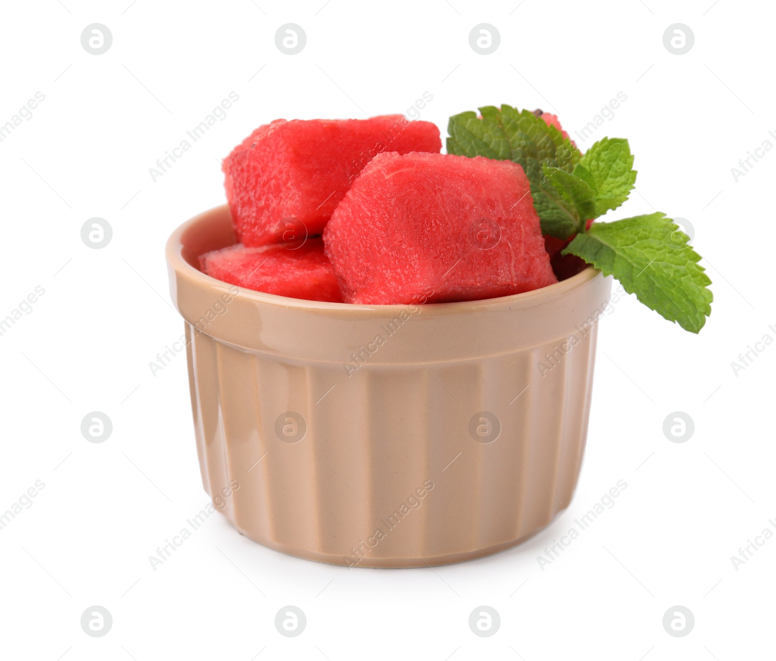 Photo of Pieces of tasty watermelon and mint in bowl isolated on white