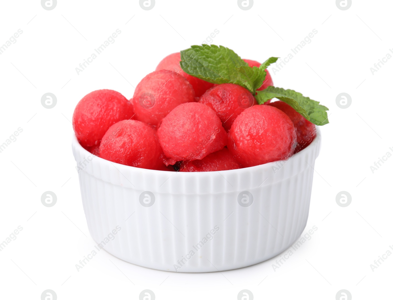 Photo of Tasty watermelon balls and mint in bowl isolated on white