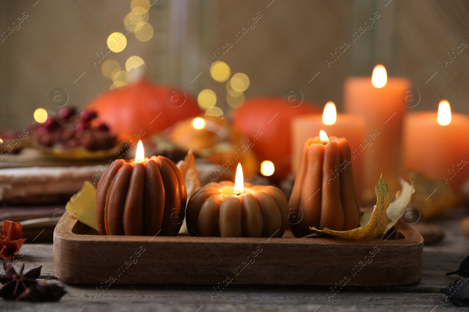 Photo of Burning candles in shape of pumpkins and autumn decor on wooden table