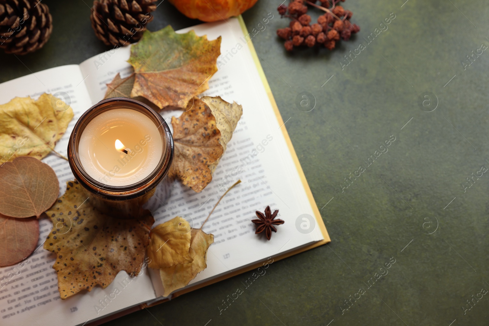 Photo of Burning candle, autumn decor and open book on green background, flat lay. Space for text