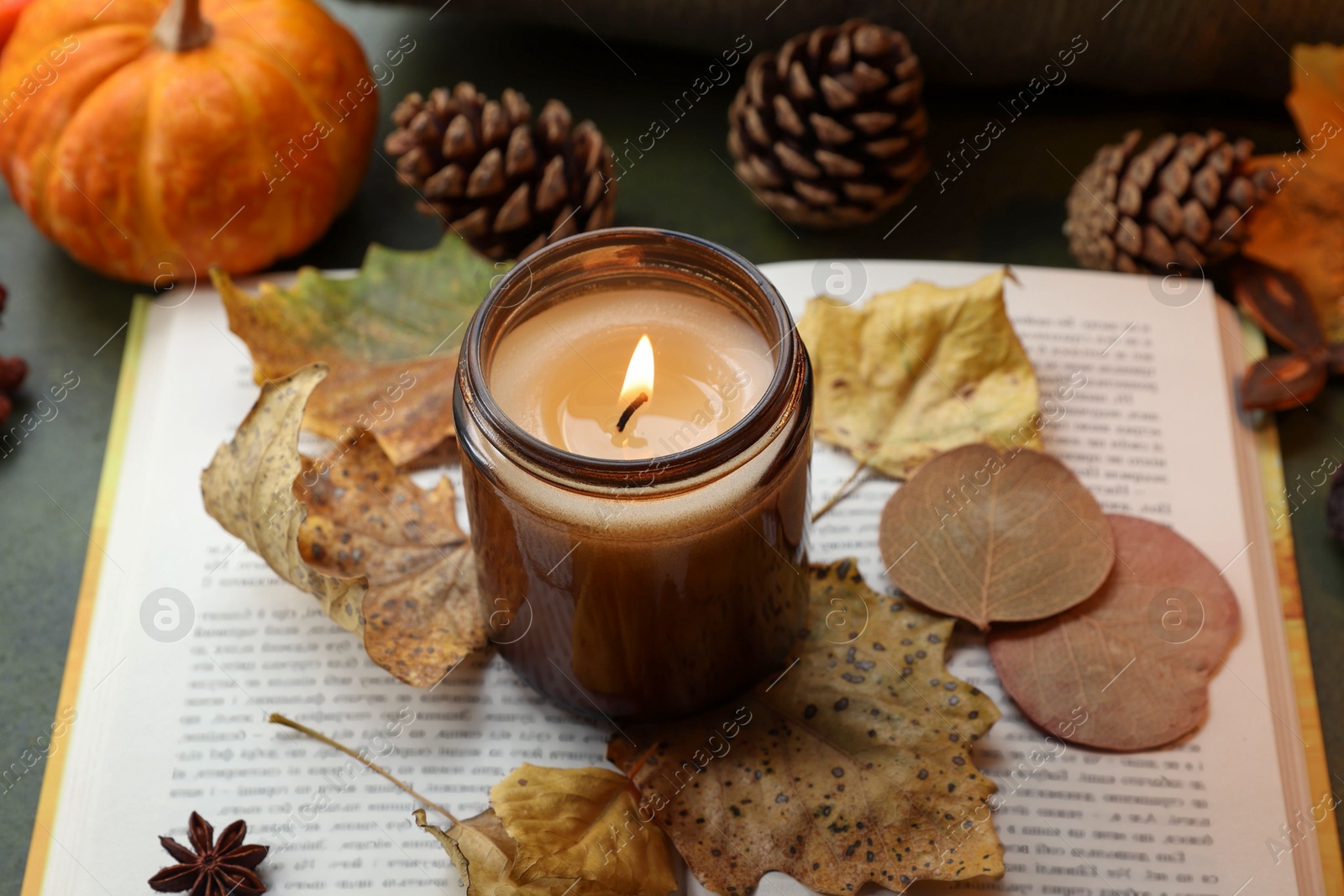 Photo of Burning candle, dry leaves and open book on green background. Autumn atmosphere