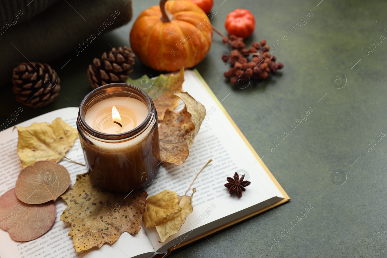 Photo of Burning candle, autumn decor and open book on green background. Space for text