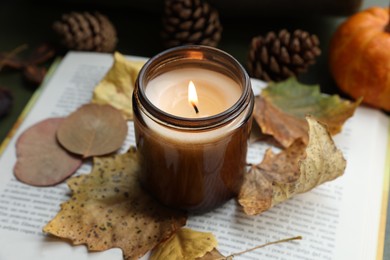 Photo of Burning candle and dry leaves on open book, closeup. Autumn atmosphere