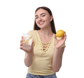 Photo of Woman with glass of lemon water and fruit on white background