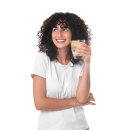 Woman with glass of lemon water on white background