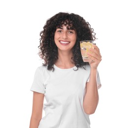 Woman with glass of lemon water on white background