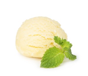 Photo of Scoop of melon sorbet and mint isolated on white