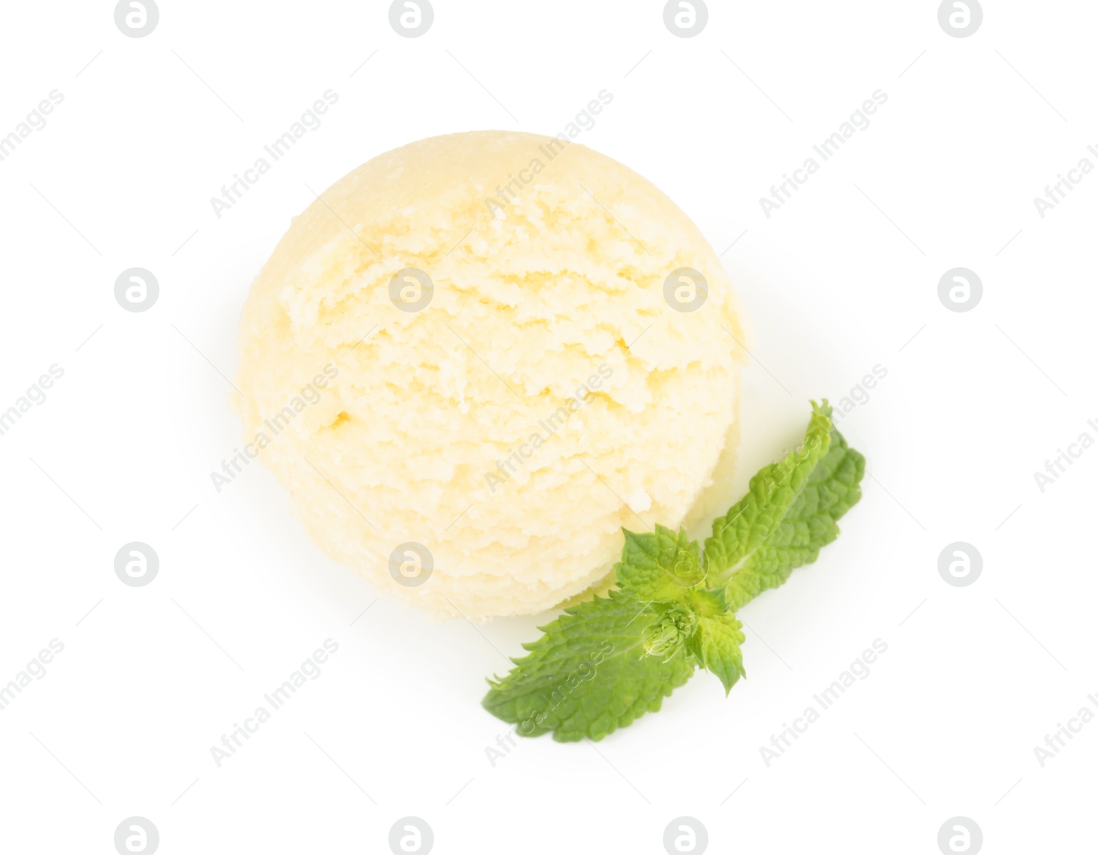 Photo of Scoop of melon sorbet and mint isolated on white, top view