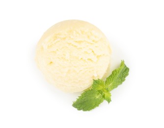 Photo of Scoop of melon sorbet and mint isolated on white, top view