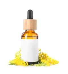 Photo of Bottle of tincture and goldenrods flowers isolated on white