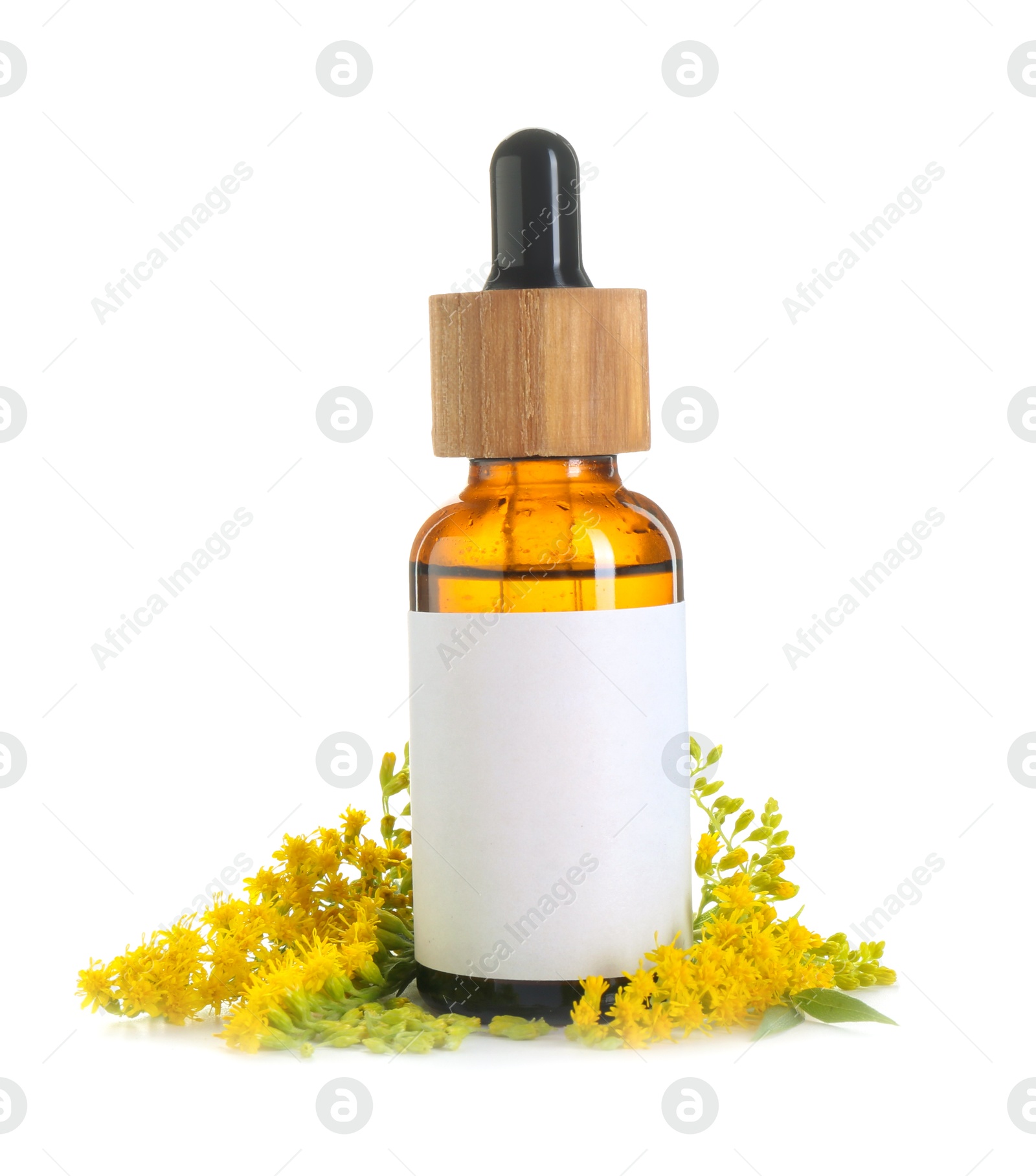 Photo of Bottle of tincture and goldenrods flowers isolated on white