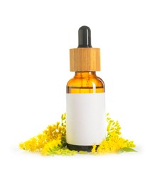 Photo of Bottle of tincture and goldenrods flowers isolated on white