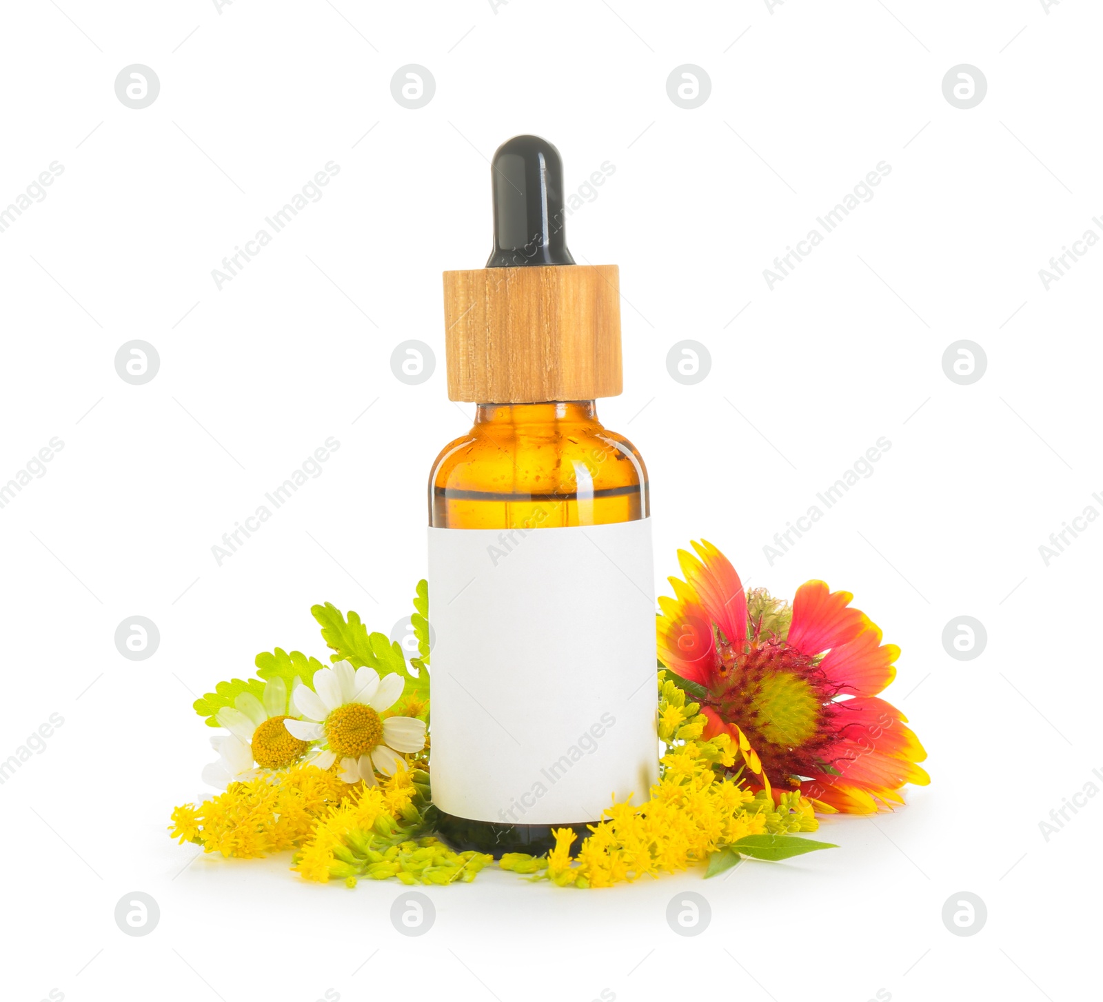 Photo of Bottle of tincture and flowers isolated on white