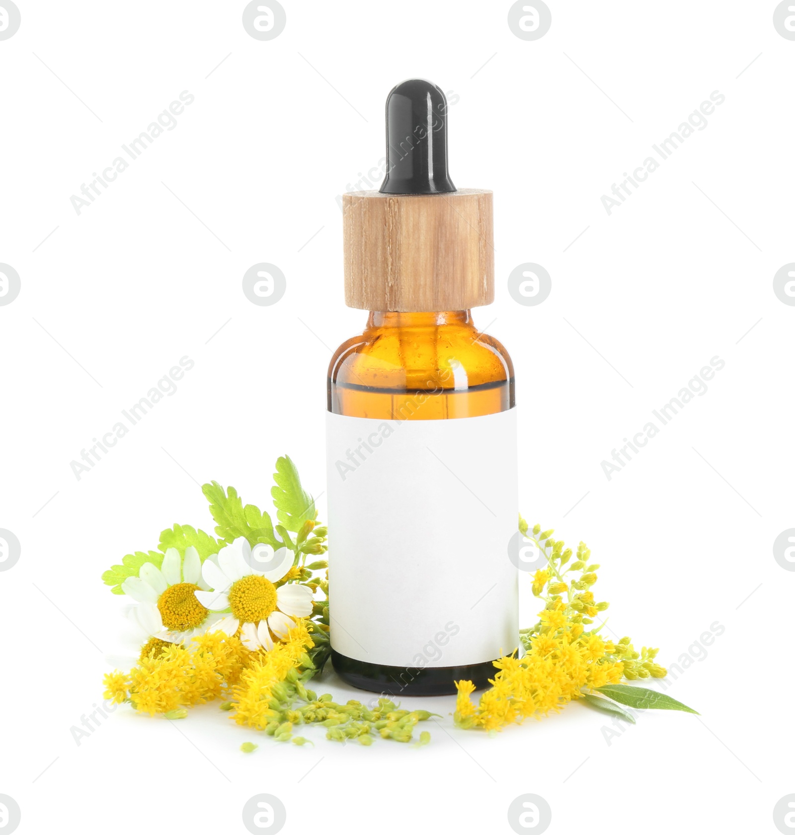 Photo of Bottle of tincture and flowers isolated on white