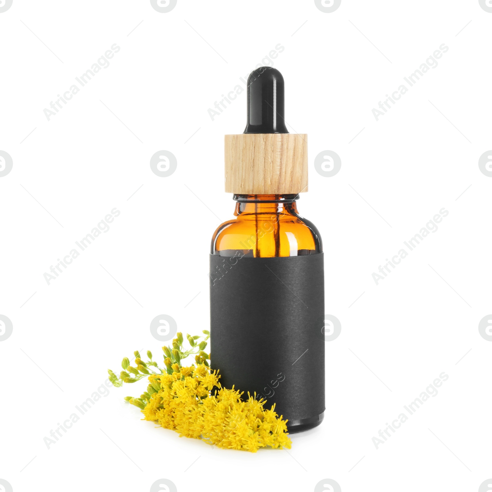 Photo of Bottle of tincture and goldenrods flowers isolated on white