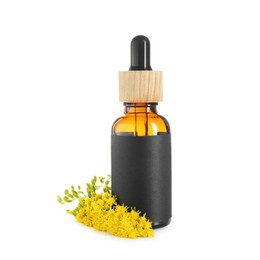 Photo of Bottle of tincture and goldenrods flowers isolated on white