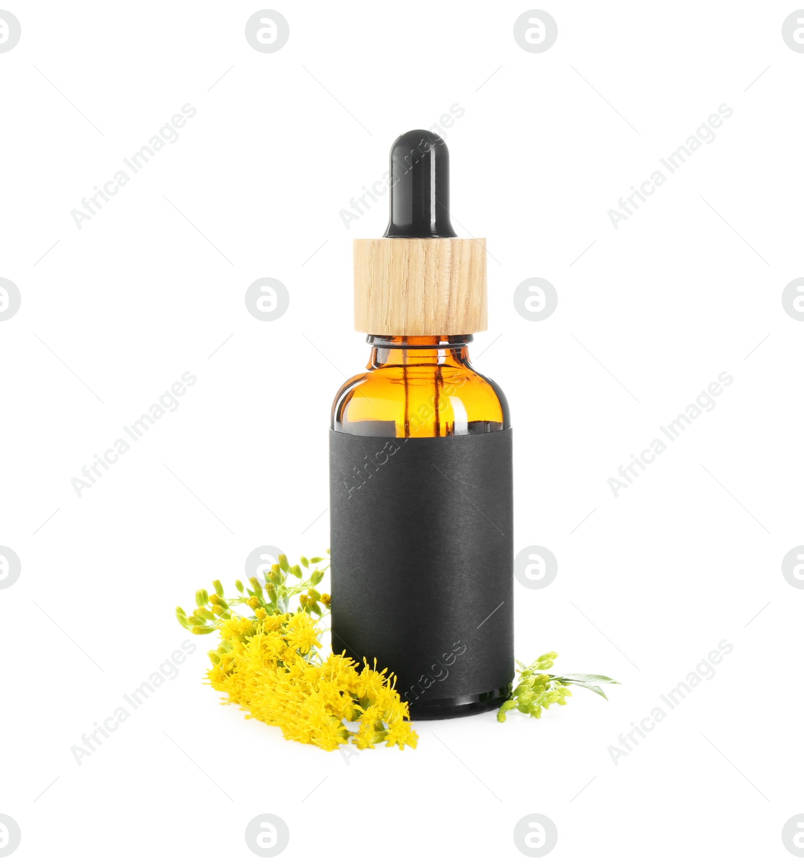 Photo of Bottle of tincture and goldenrods flowers isolated on white