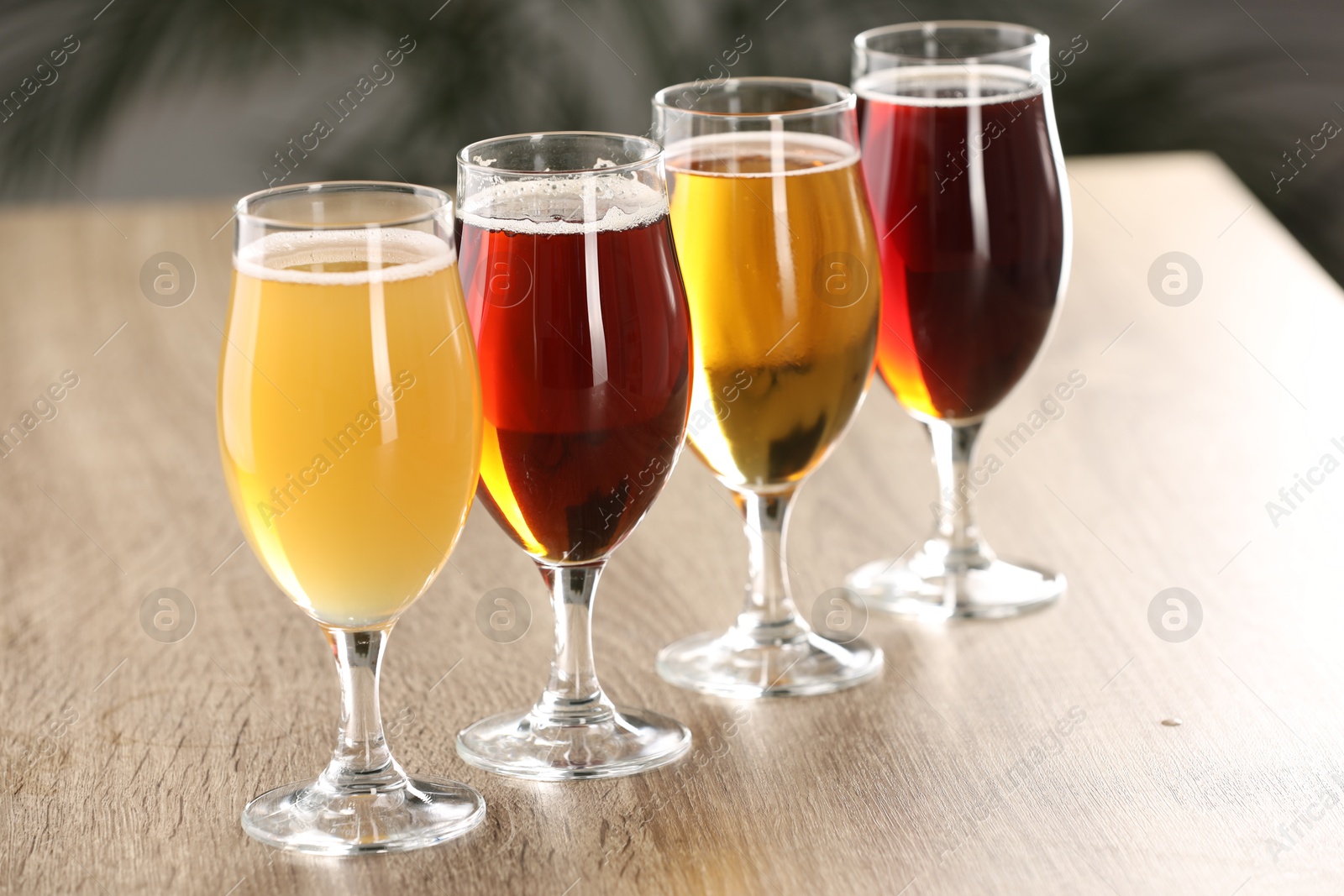 Photo of Glasses with different types of beer on wooden table indoors