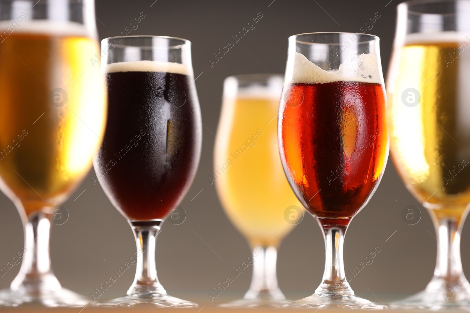 Photo of Glasses with different types of beer on grey background, closeup