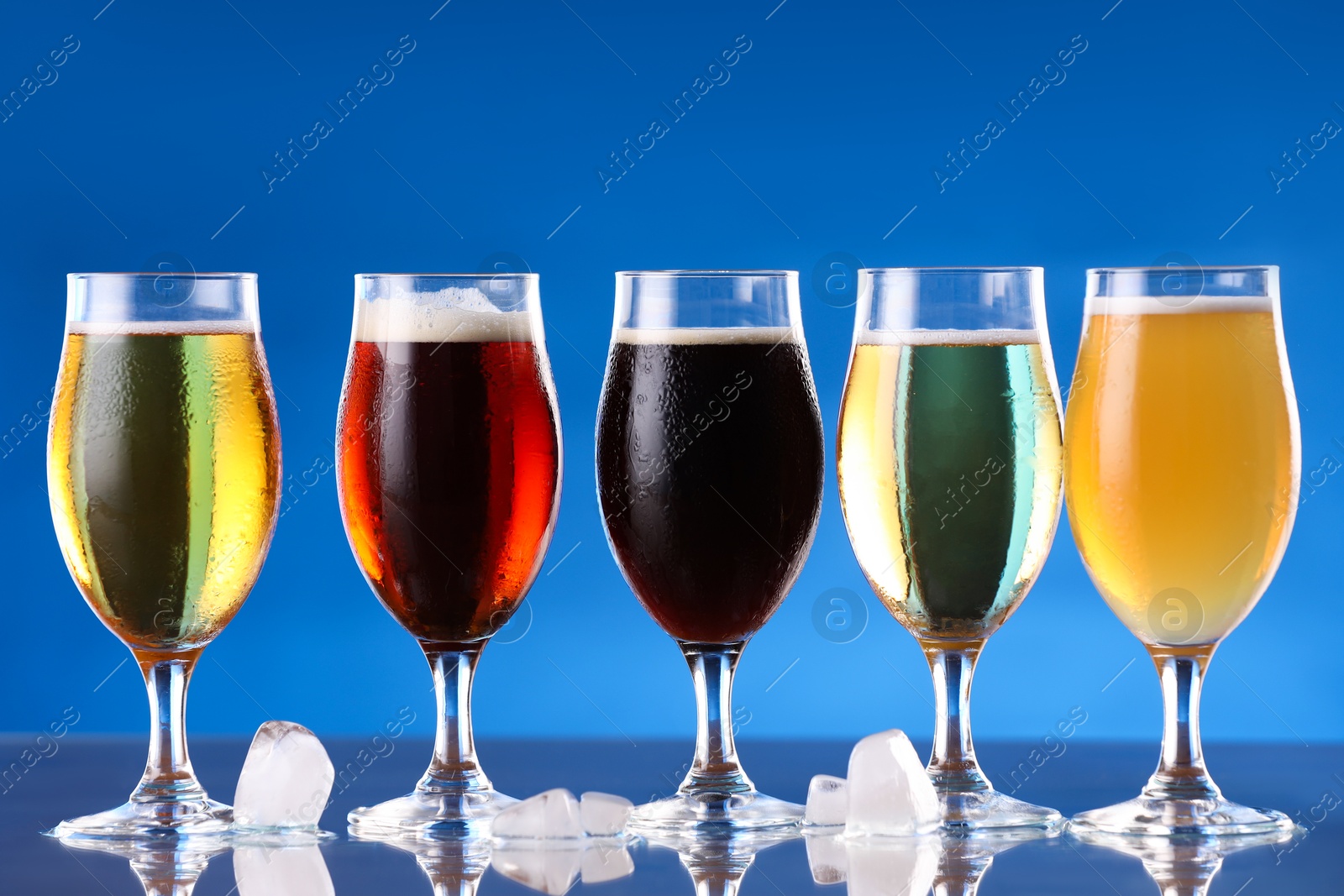 Photo of Glasses with different types of beer and ice cubes on mirror surface against blue background