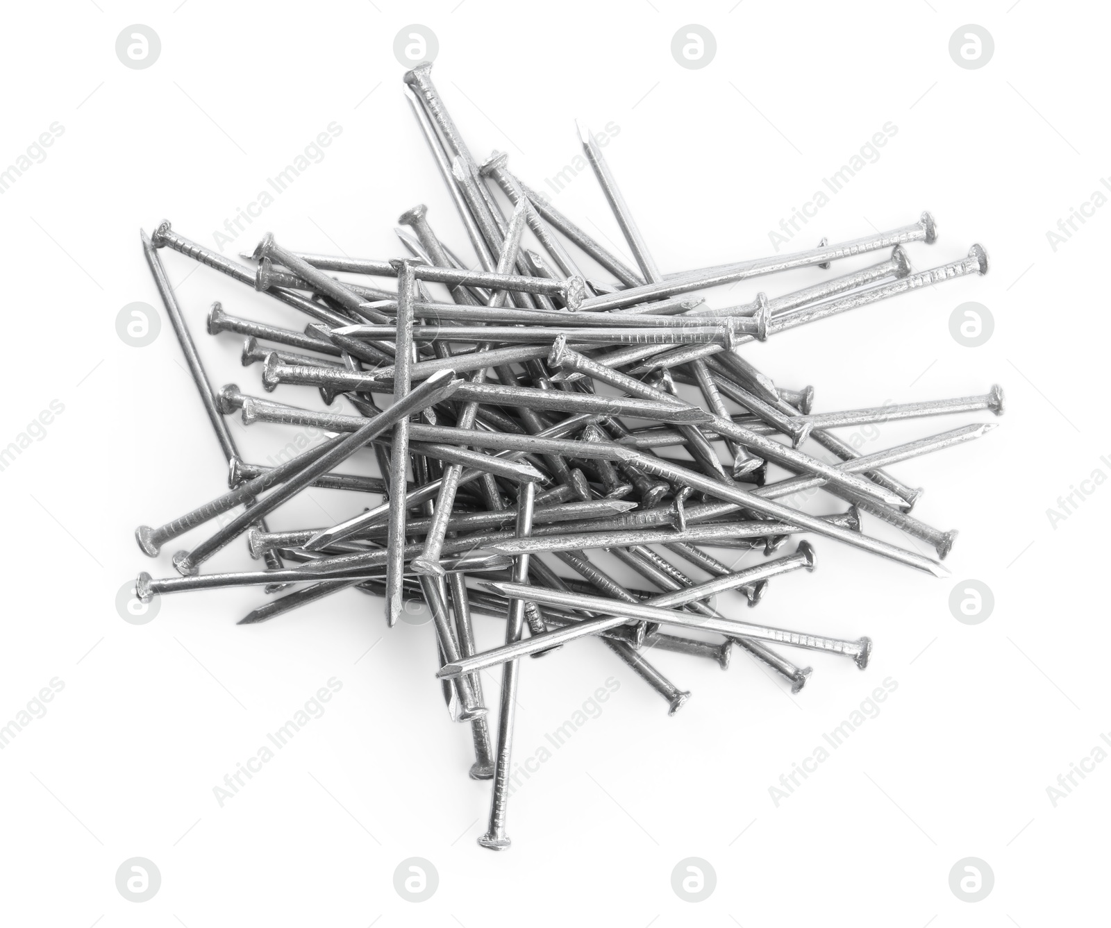 Photo of Pile of metal nails on white background, top view