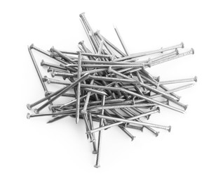 Photo of Pile of metal nails on white background, top view