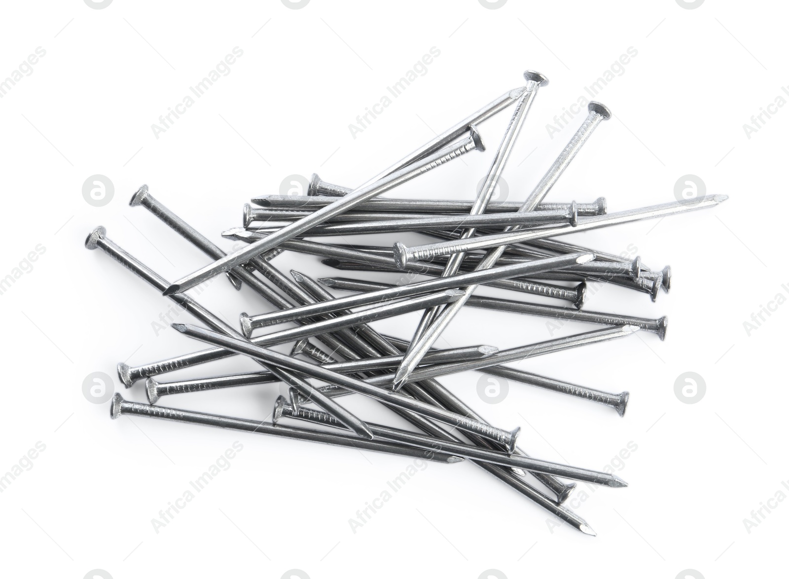 Photo of Pile of metal nails on white background, top view