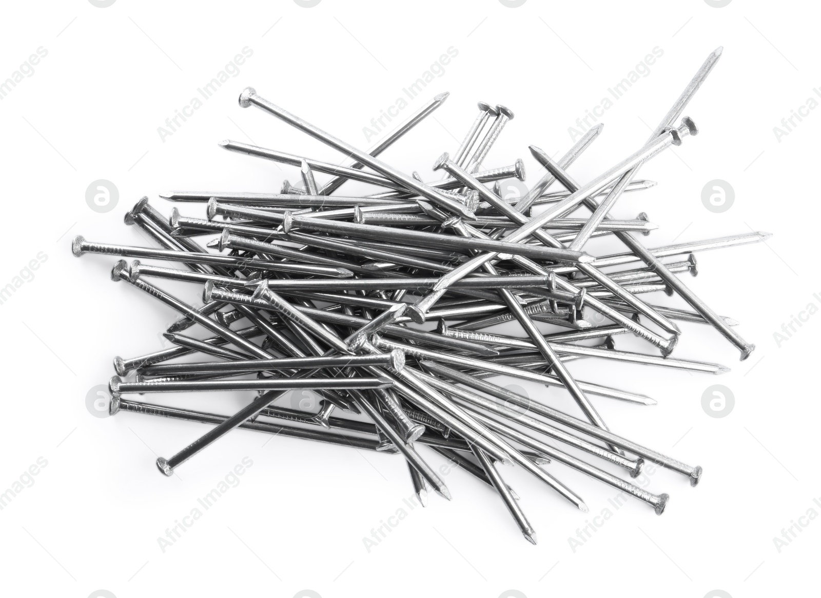 Photo of Pile of metal nails on white background, top view