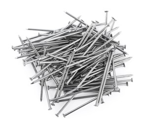 Photo of Pile of metal nails on white background, top view