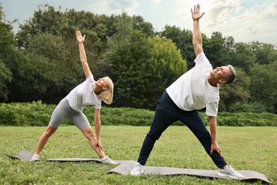 Photo of Happy couple doing exercises in park. Healthy lifestyle