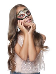 Photo of Cute girl wearing carnival mask on white background