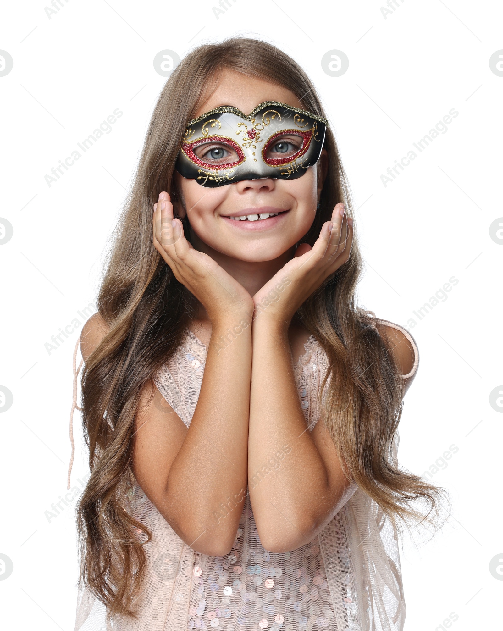 Photo of Cute girl wearing carnival mask on white background