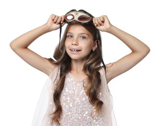 Cute girl wearing carnival mask on white background