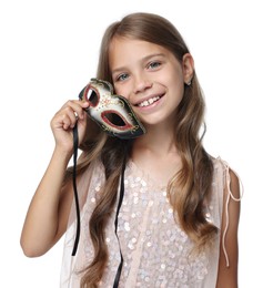 Photo of Cute girl with carnival mask on white background