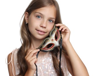 Photo of Cute girl with carnival mask on white background