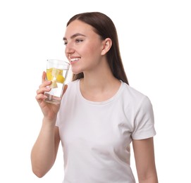 Photo of Woman drinking water with lemon on white background