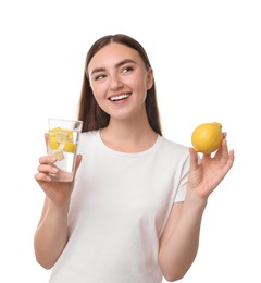 Photo of Woman with glass of lemon water and fruit on white background