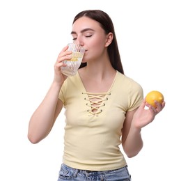 Woman drinking water with lemon on white background