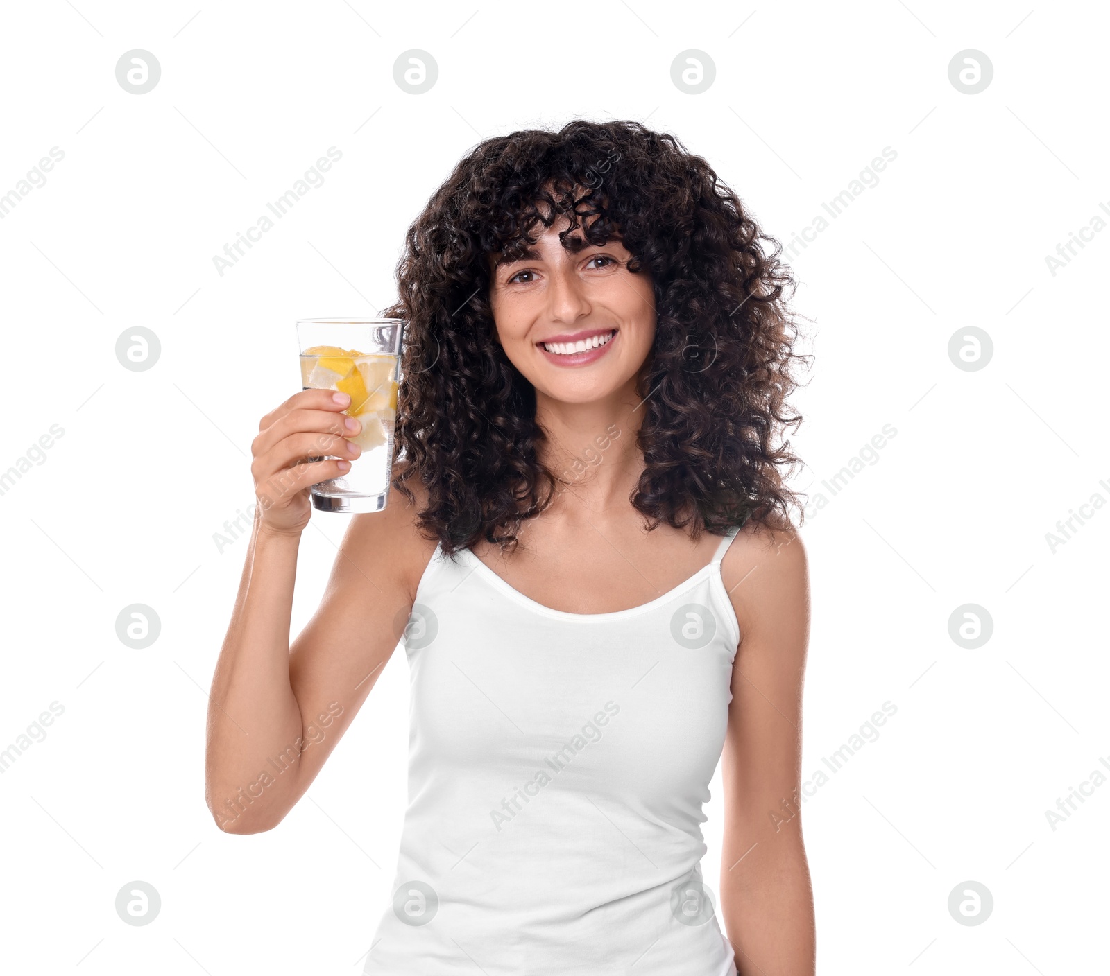 Photo of Woman with glass of lemon water on white background