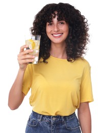 Woman with glass of lemon water on white background