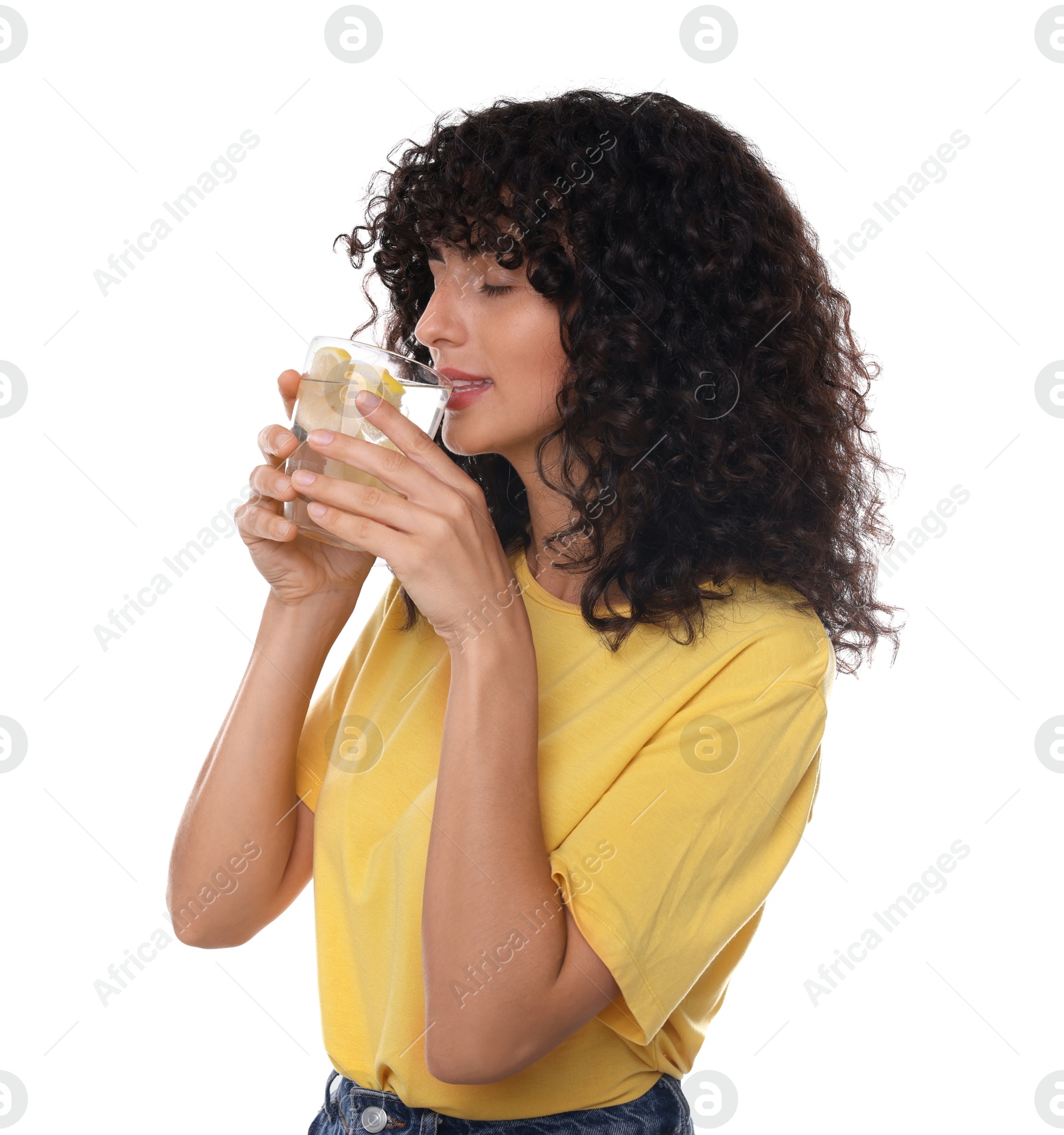 Photo of Woman drinking water with lemon on white background