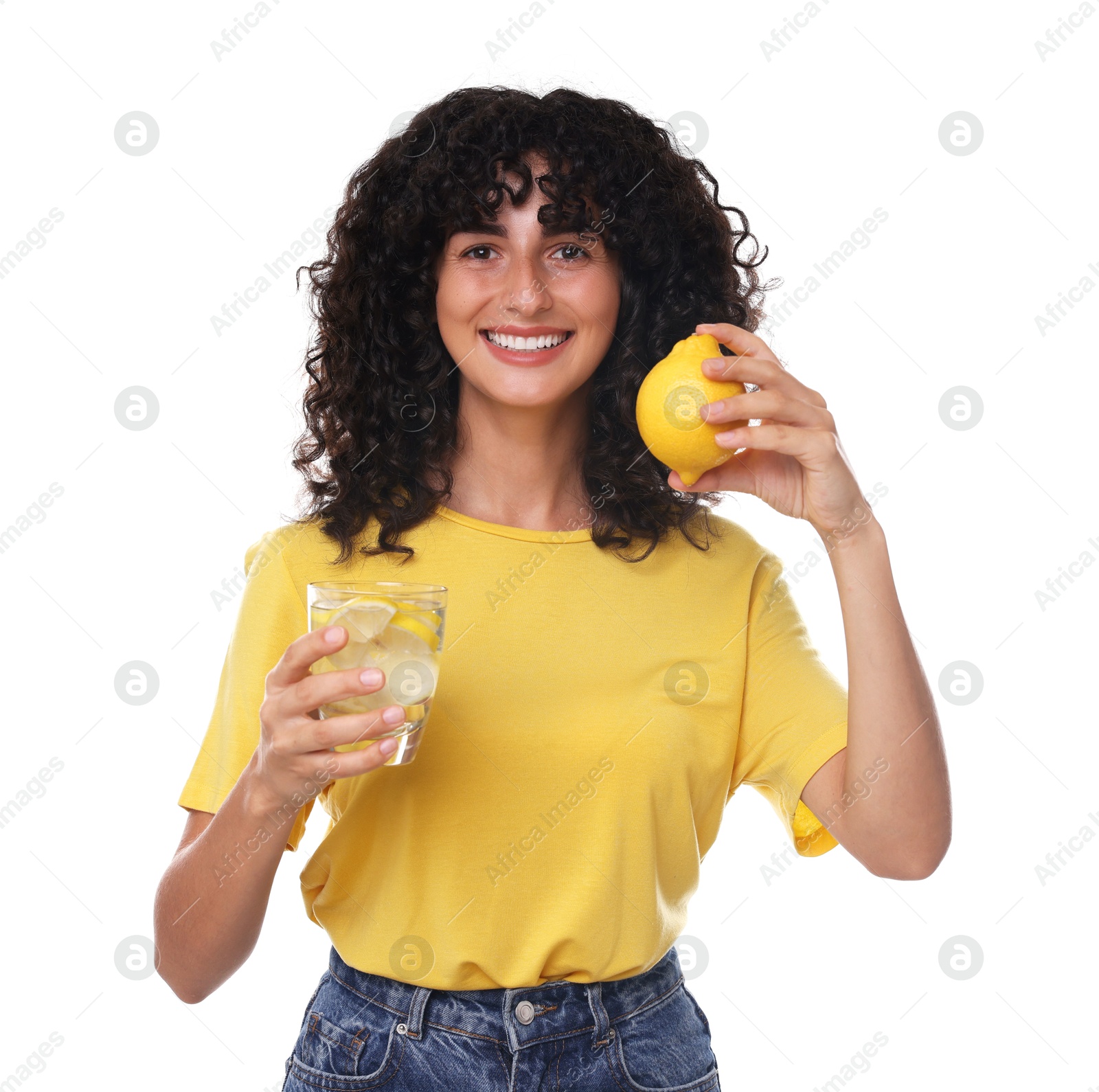 Photo of Happy woman with lemon water and fruit on white background