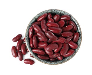 Photo of Dried red beans in bowl isolated on white, top view