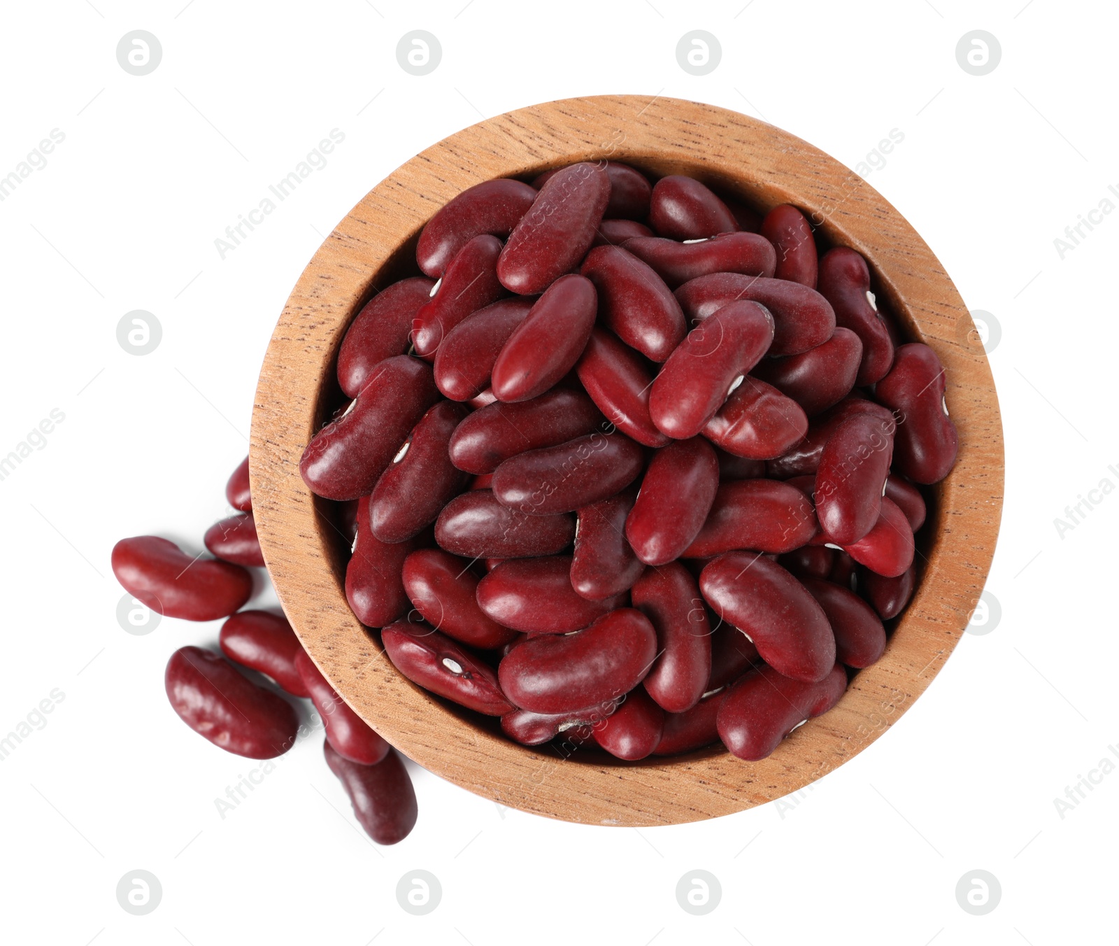 Photo of Dried red beans in bowl isolated on white, top view